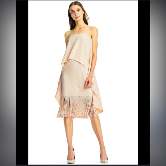 Nwt Aidan by Aidan Mattox Strapless Tiered Crepe & Fringe Midi Cocktail Dress 8 - Picture 7 of 10